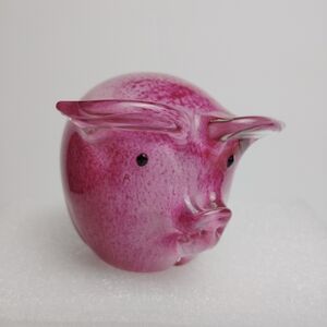Hand Blown Art Glass Pink & Clear Glass Pig Paperweight ~ Collectible